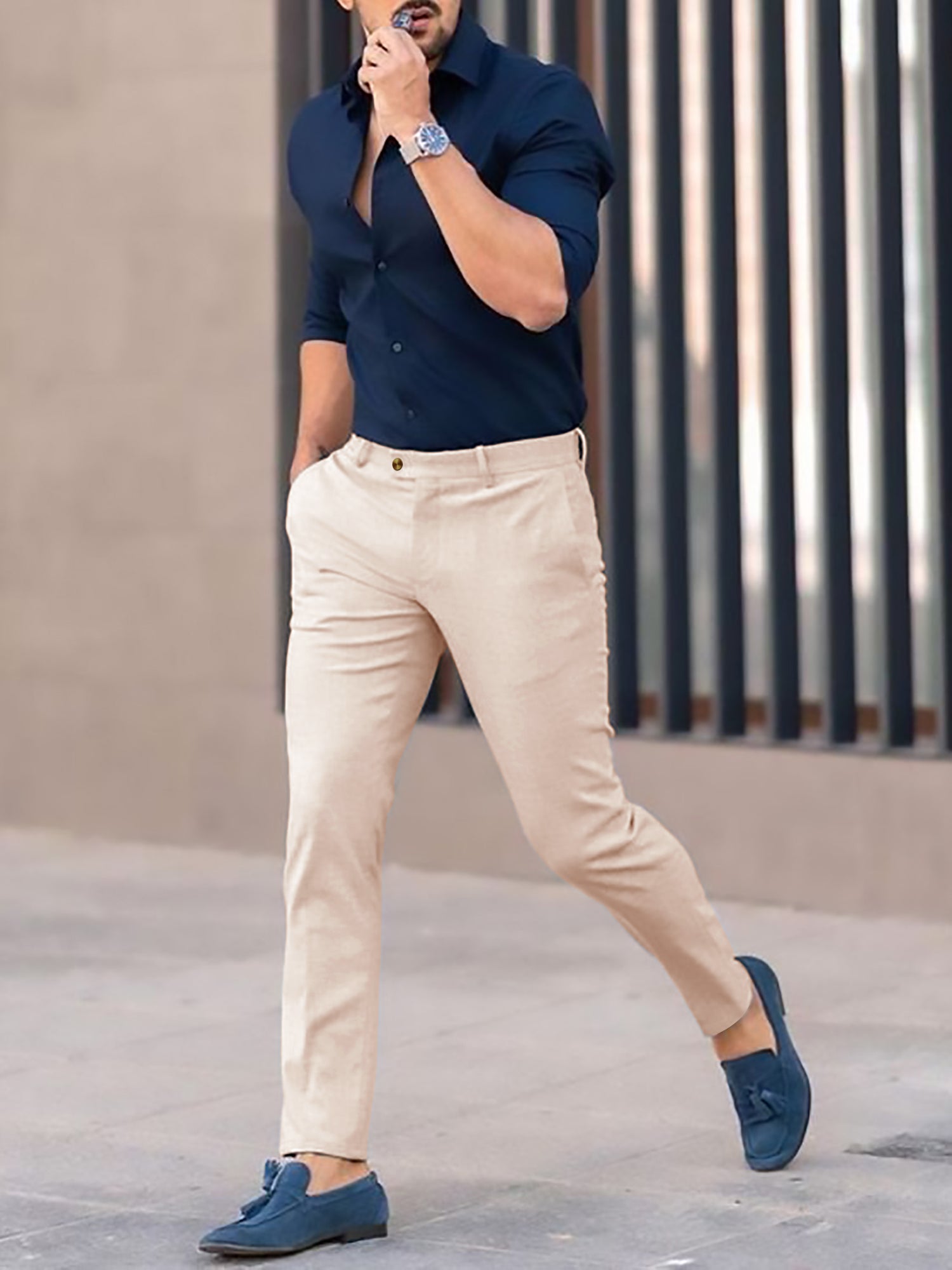 Louis Vicaci Interlock Stretchy Slim Fit Pent For Men-Light Peach-AZ149