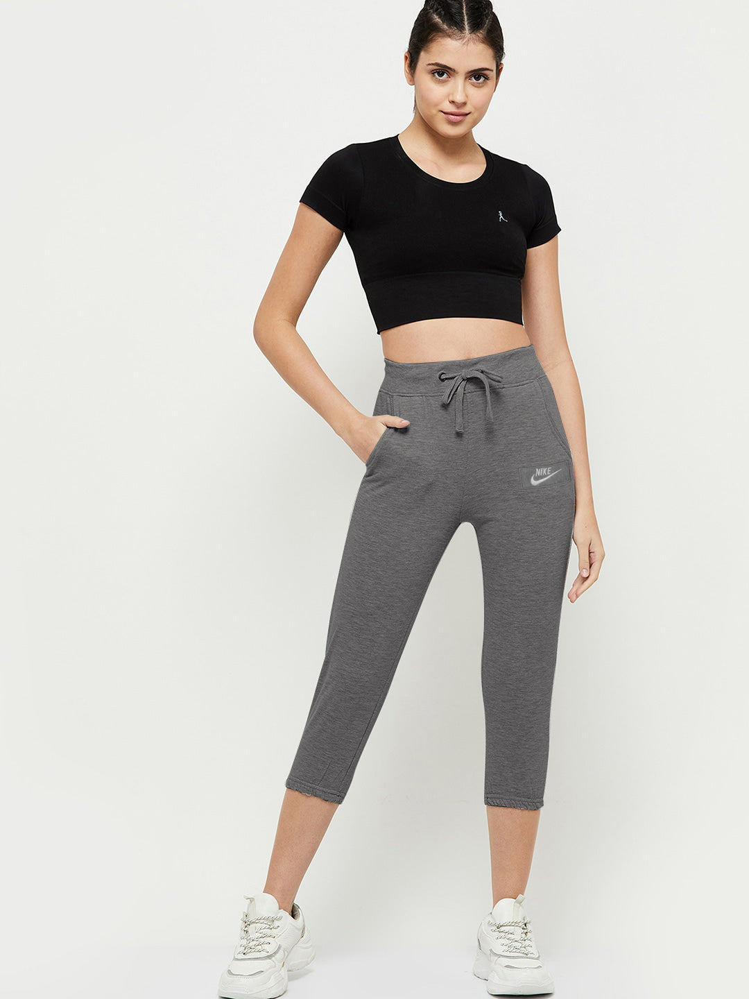 Nk Fleece Gathering Fit Capri For Ladies-Charcoal Melange-BR233