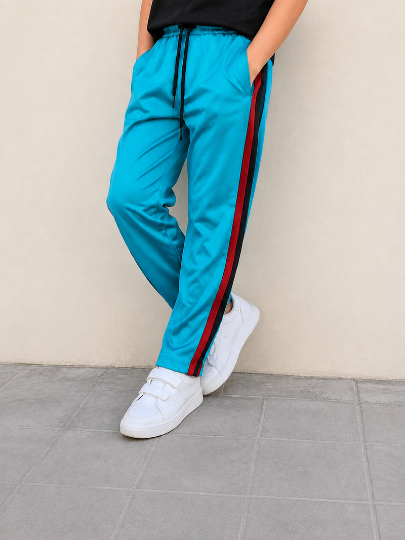 Premium Kids Lycra Trousers Turquoise with Royal Blue ,Red,pink,Side panal Stripe p5