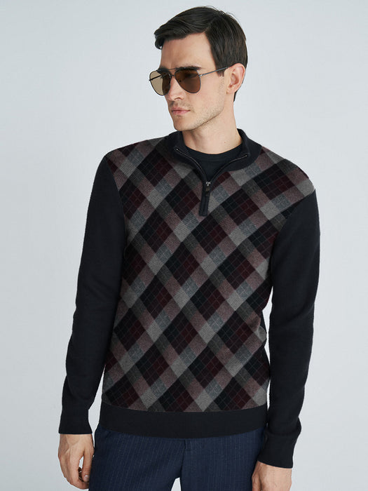 Full Fashion Wool Zipper Mock Neck For Men-Black with Allover Print-BR12853