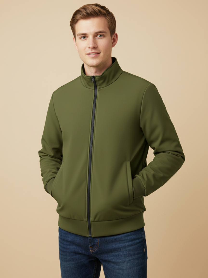 Stylish Winter Zipper Mockneck Jacket For Men-Olive Green-BRPH22