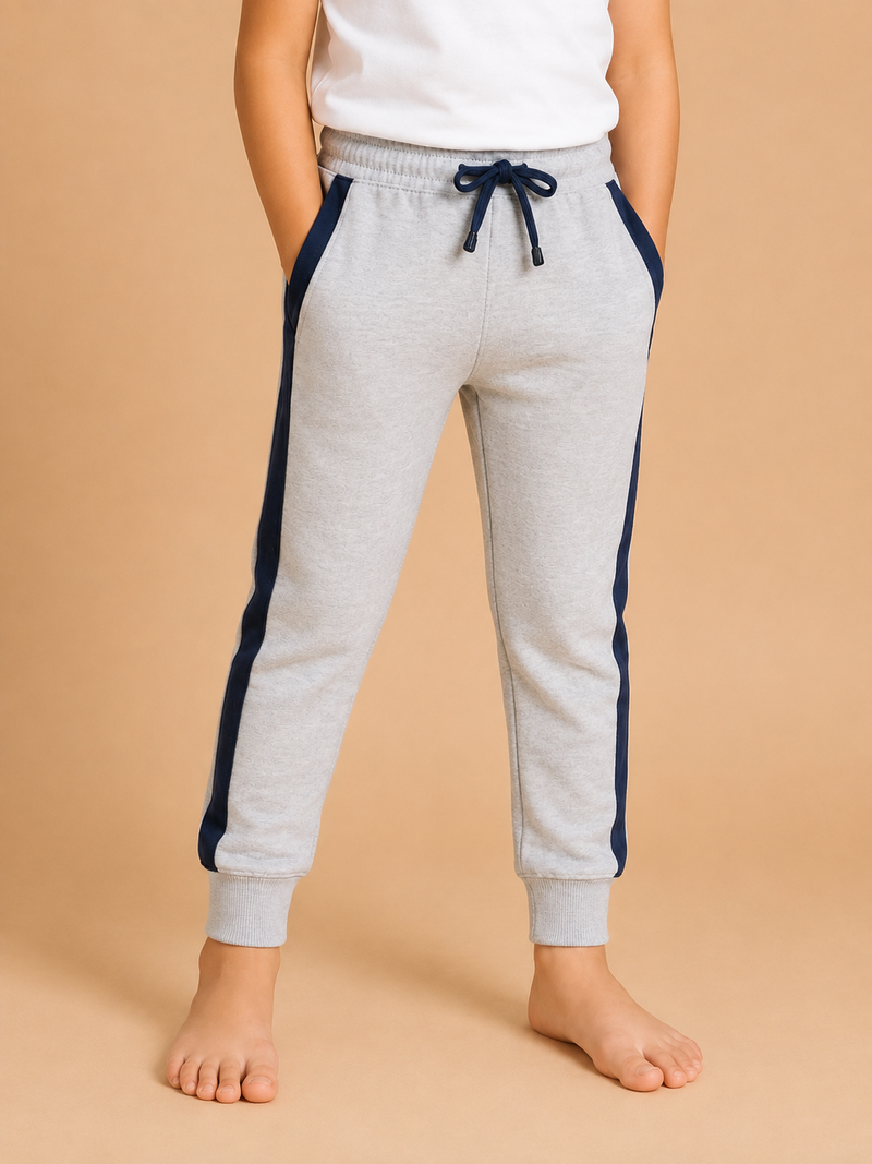 : Kids Grey Jogger Pants with Navy Side Stripe – Casual Sports Trouser na14