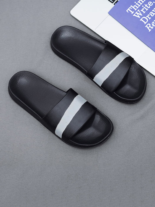 Men Premium Contrast Stripe Printed Style Slides-Black-BR186