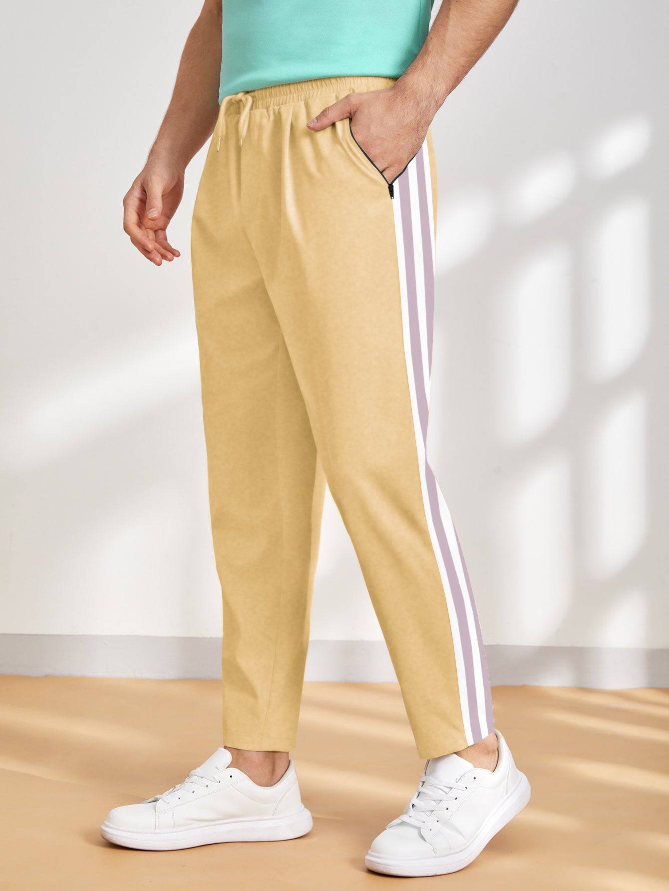Louis Vicaci Summer Active Wear Trouser Pant For Men-Light Shine Yellow with Stripe-BR655