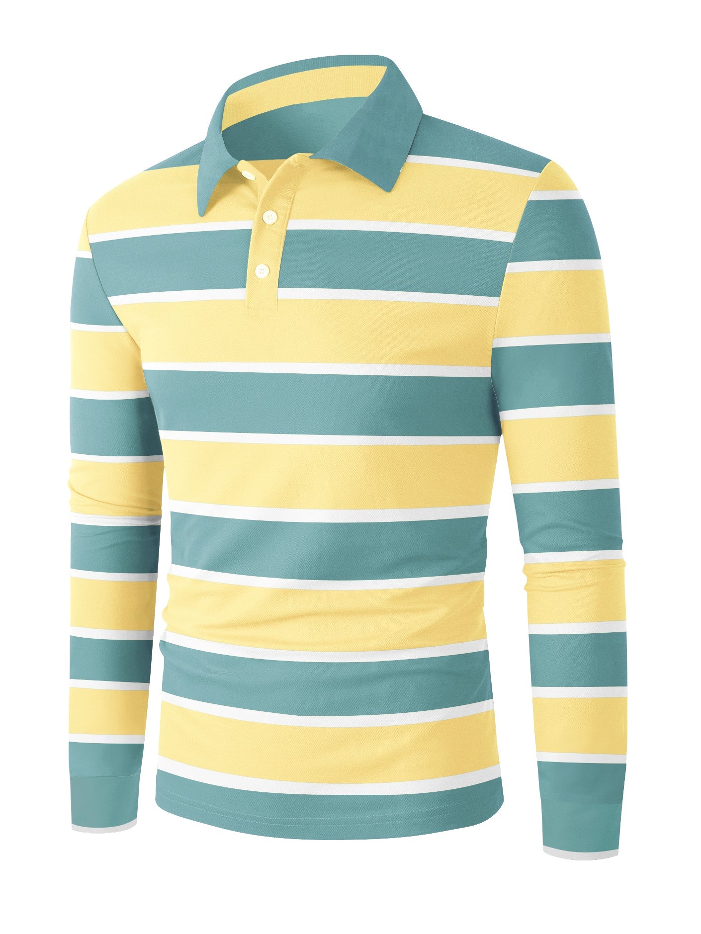 Louis Vicaci Long Sleeve Polo Shirt For Men-Light Yellow & Cyan Green Stripe-BR896