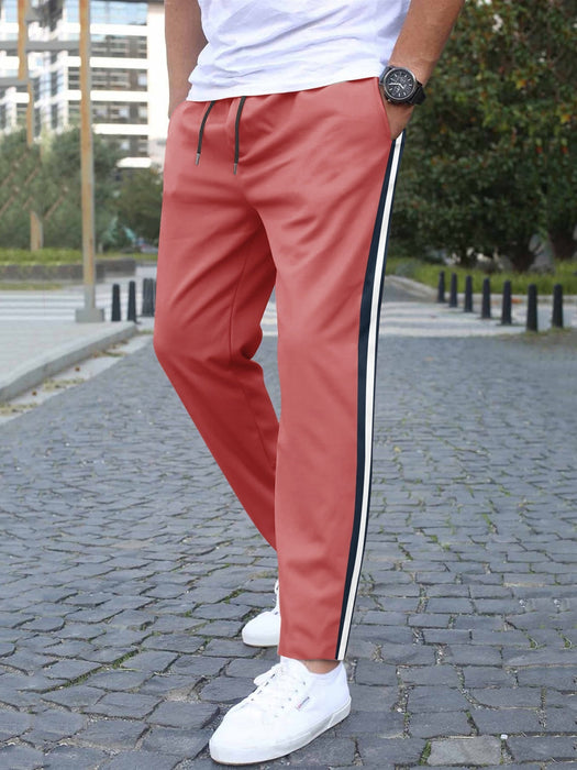 Louis Vicaci Slim Fit Active Wear Summer Trouser For Men-Coral Pink with Navy & White Stripes-SP2513