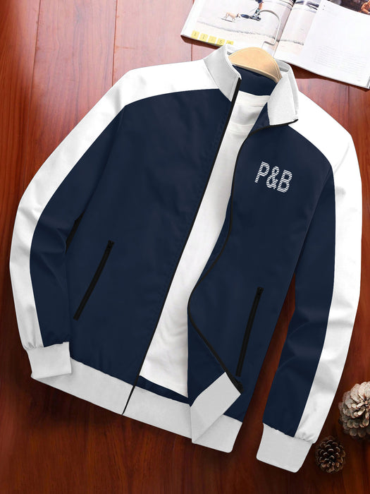P&B Terry Fleece Zipper Mock Neck Jacket For Men-Navy with White-BR12849