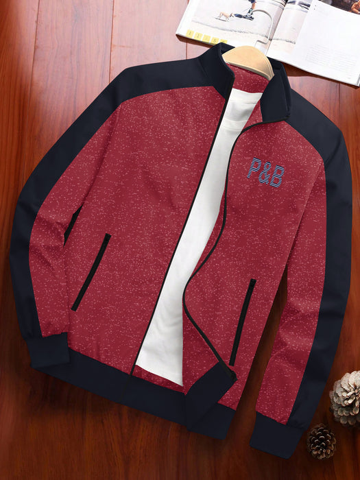 P&B Terry Fleece Zipper Mock Neck Jacket For Men-Red Melange with Navy-BR12848