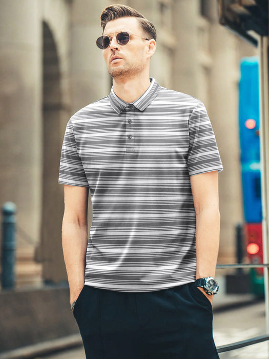 Louis Vicaci Single Jersey Polo Shirt For Men-Grey with White Allover Stripe-BR707