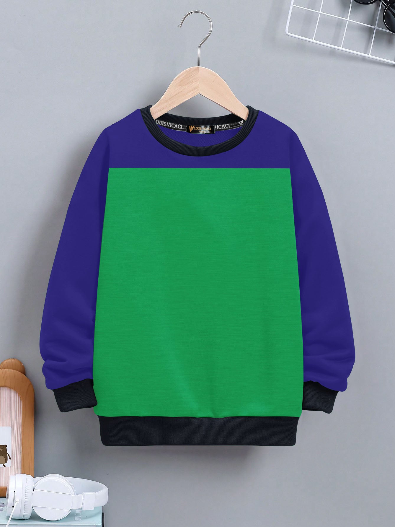 Louis Vicaci Fleece Sweatshirt For Kids-Green with Royal Blue-RT2323