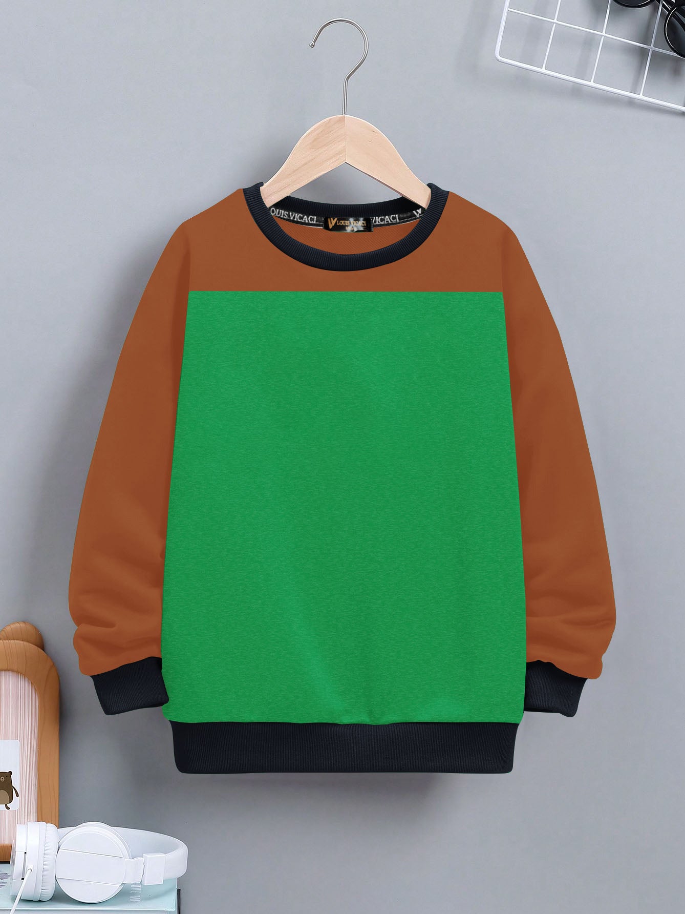 Louis Vicaci Fleece Sweatshirt For Kids-Green With Coral Orange-RT2324