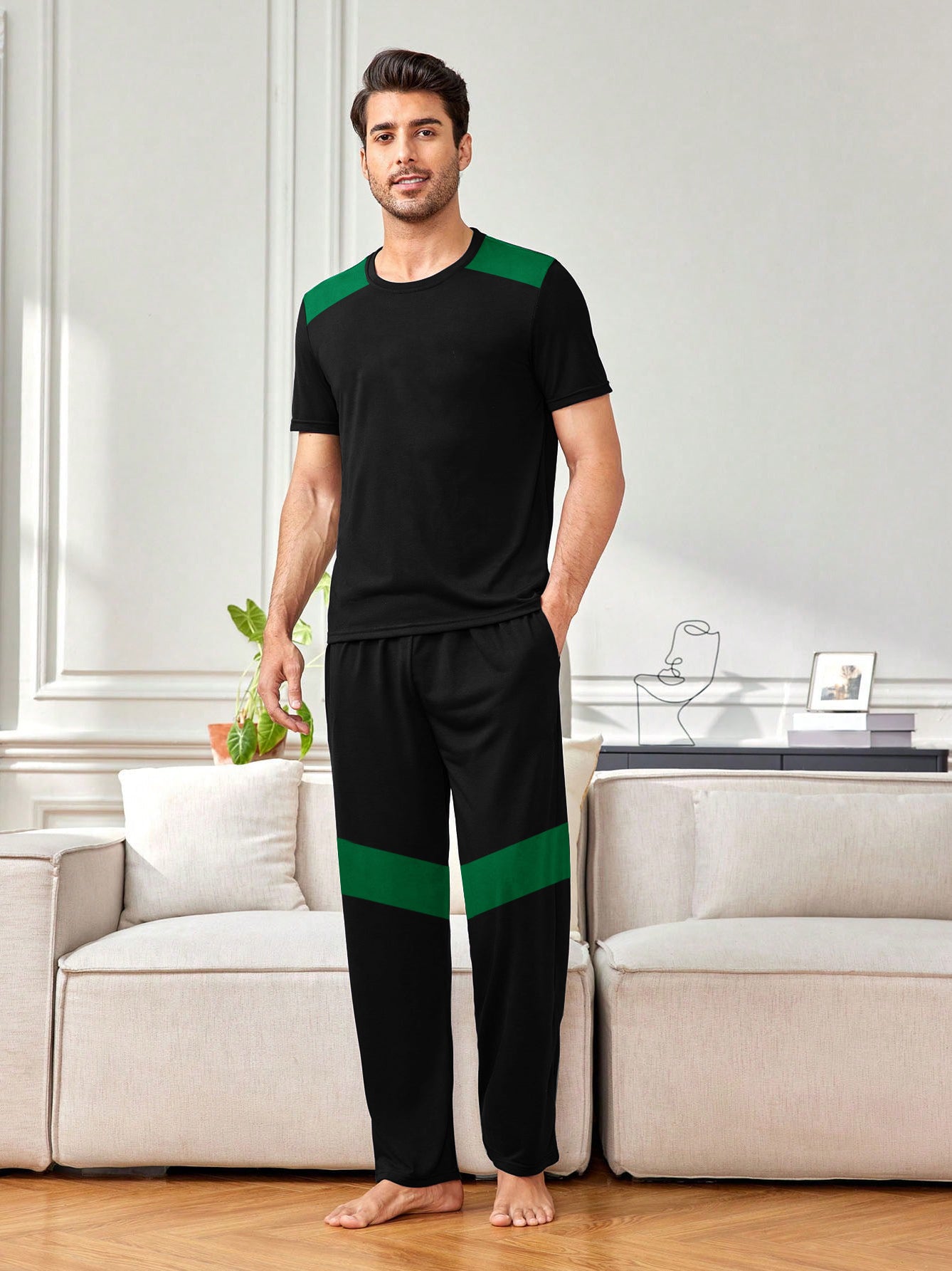 Louis Vicaci Summer Active Wear Tracksuit For Men-Black with Green Panels-RT2453