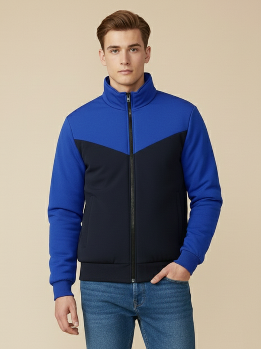 Stylish Winter Zipper Mockneck Jacket For Men-Royal Blue & Dark Navy-BRPH29