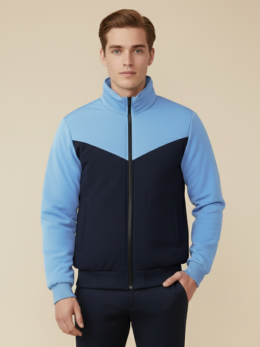 Stylish Winter Zipper Mockneck Jacket For Men-Light Sky & Dark Navy-BRPH31