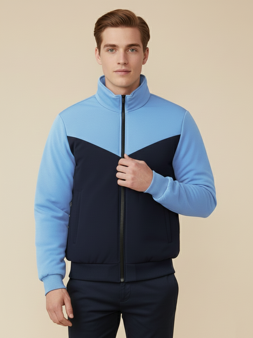 Stylish Winter Zipper Mockneck Jacket For Men-Light Sky & Dark Navy-BRPH31