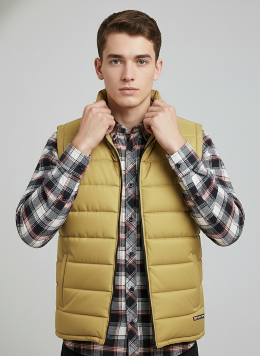 Stylish Winter Sleeveless Zipper Mockneck Jacket For Men-Biscuit Gold-BRPH35