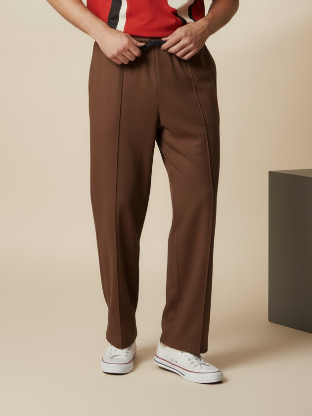Stylish Light Brown Wide-Leg Pleated Summer Lycra Trousers For Men-NST16