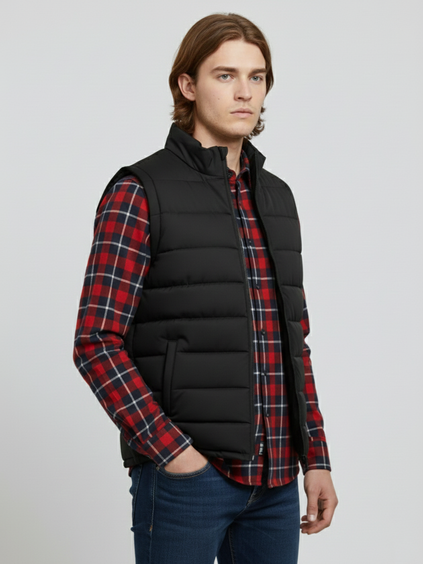 Stylish Puffer Sleeveless Zipper Mockneck Jacket For Men-Black-BRPH34