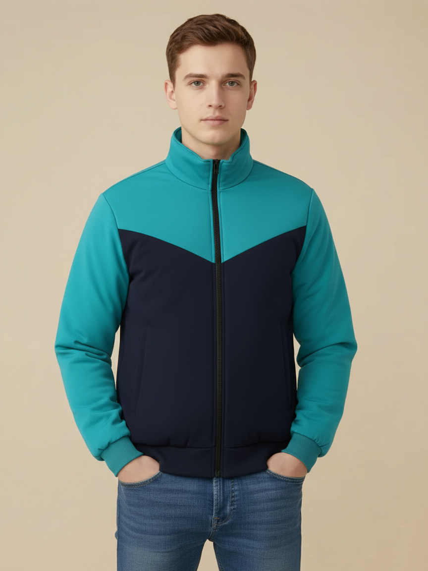 Stylish Winter Zipper Mockneck Jacket For Men-Light Cyan & Dark Navy-BRPH33