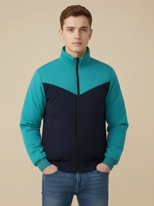 Stylish Winter Zipper Mockneck Jacket For Men-Light Cyan & Dark Navy-BRPH33