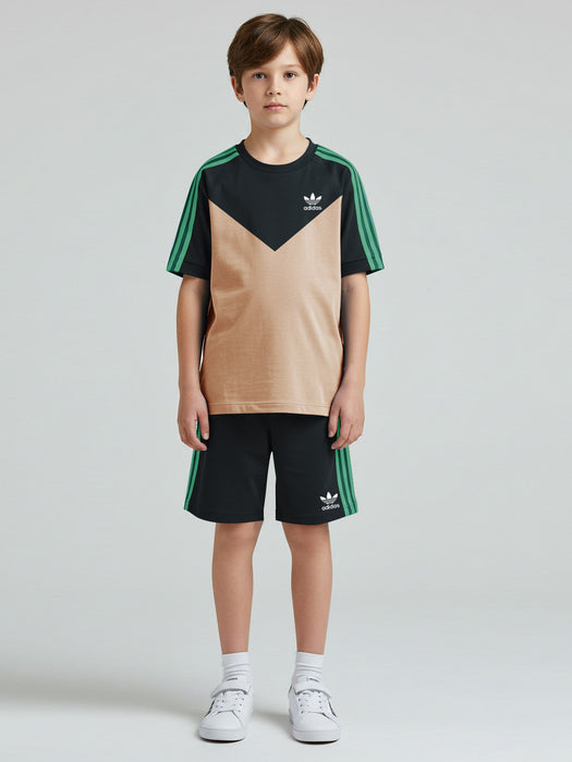 Ads Summer T Shirt & Short Suit For Kids-Skin with Navy & Green Stripe-BE3297/BR15735