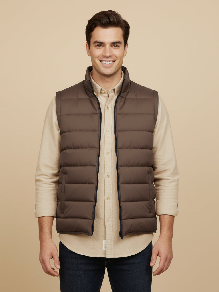 Stylish Puffer Sleeveless Zipper Mockneck Jacket For Men-Chocolate-BRPH23