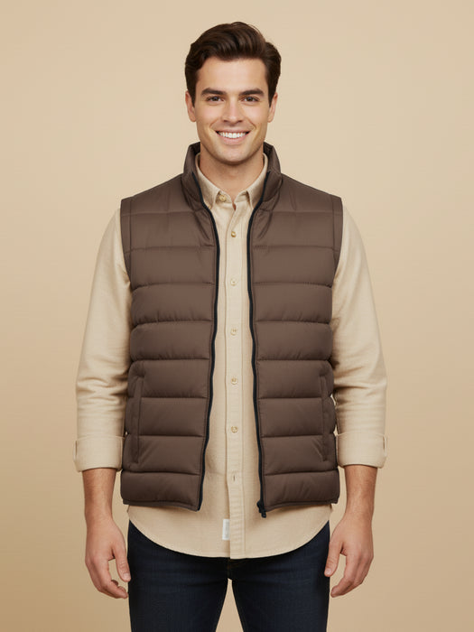 Stylish Puffer Sleeveless Zipper Mockneck Jacket For Men-Chocolate-BRPH23