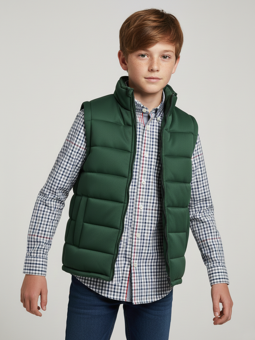 Stylish Sleeveless Winter Zipper Mockneck Jacket For Kids-Forest Green-RSJ05