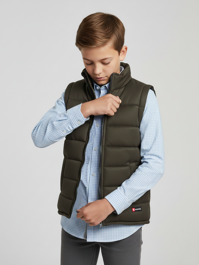 Stylish Sleeveless Winter Zipper Mockneck Jacket For Kids-Chocolate-RSJ04