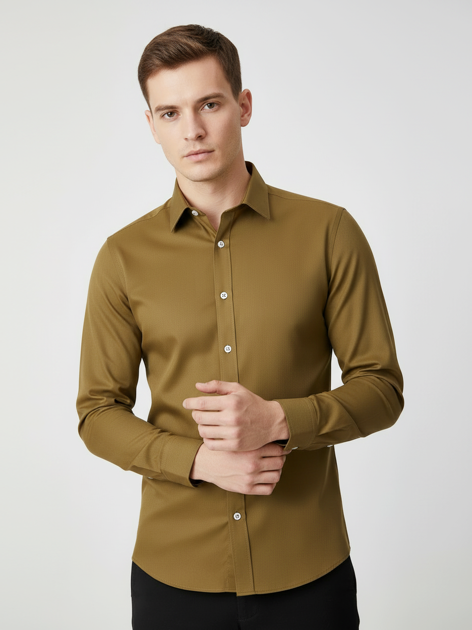 Rawgear Stretchy Slim Fit Long Sleeve Casual Shirt For Men-Khaki-RG02