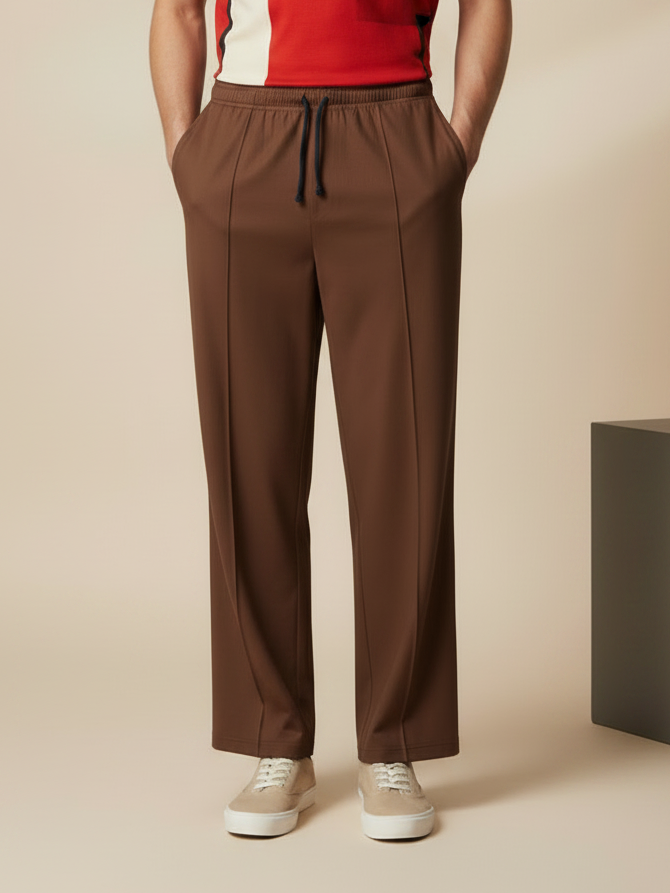Stylish Light Brown Wide-Leg Pleated Summer Lycra Trousers For Men-NST16