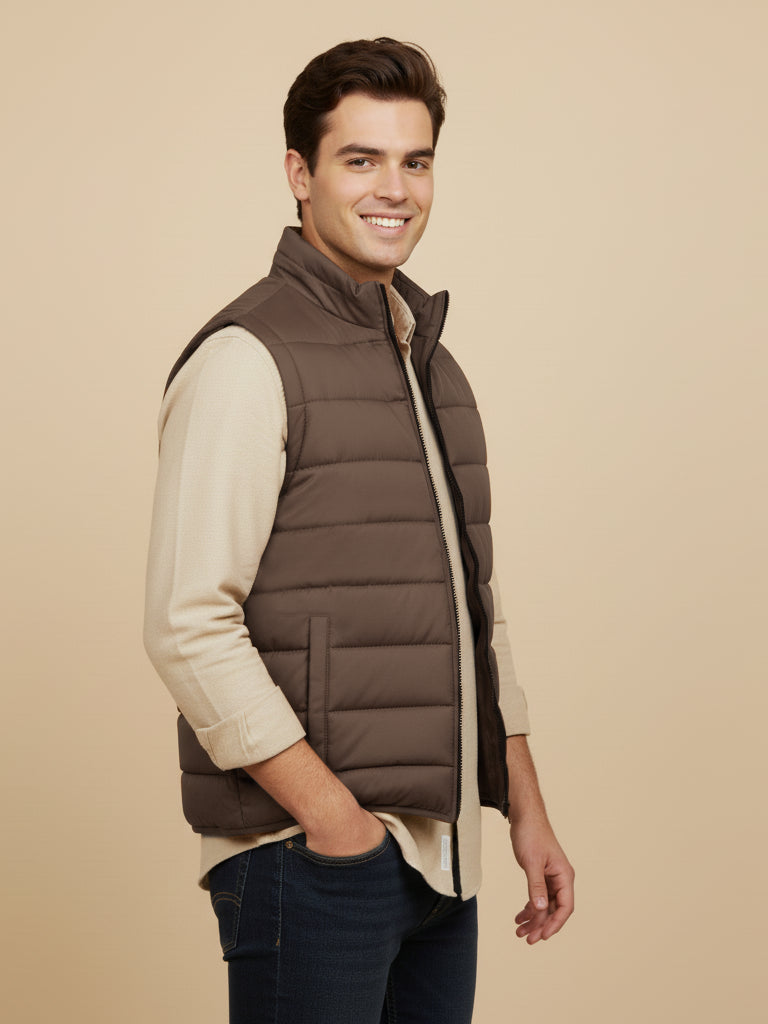 Stylish Puffer Sleeveless Zipper Mockneck Jacket For Men-Chocolate-BRPH23