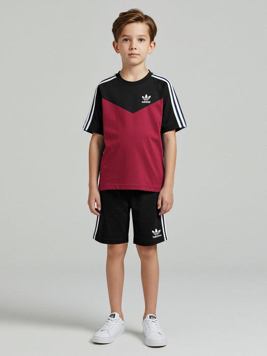 Ads Summer T Shirt & Short Suit For Kids-Magenta Lining with Black & White, Navy Stripe-BE3288/BR15727