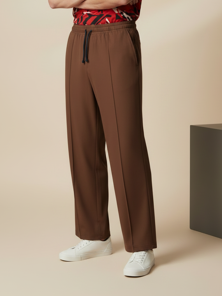 Stylish Light Brown Wide-Leg Pleated Summer Lycra Trousers For Men-NST16