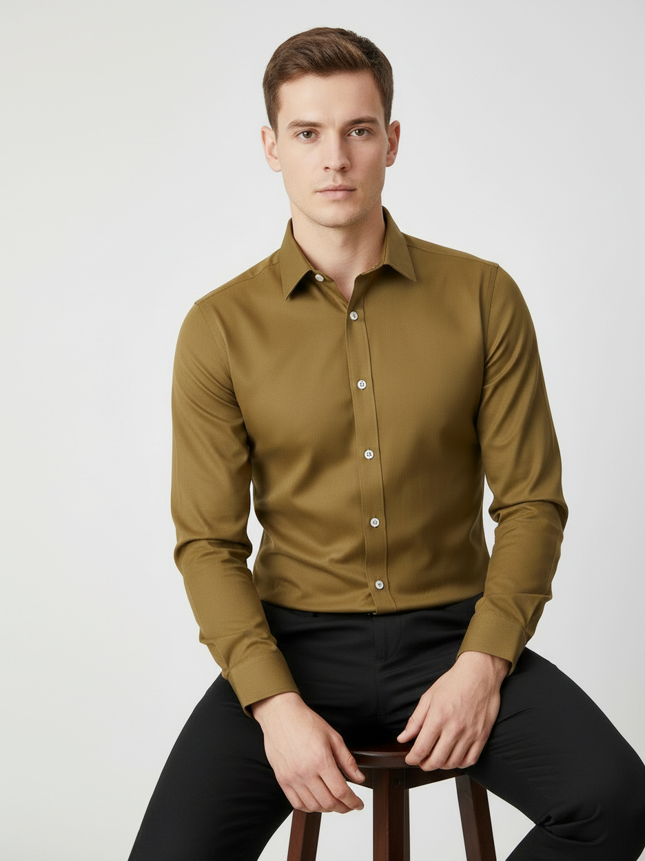 Rawgear Stretchy Slim Fit Long Sleeve Casual Shirt For Men-Khaki-RG02