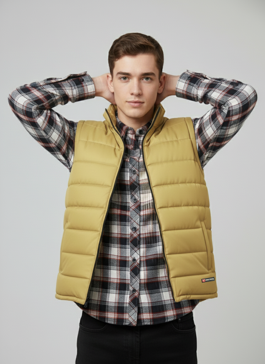 Stylish Winter Sleeveless Zipper Mockneck Jacket For Men-Biscuit Gold-BRPH35