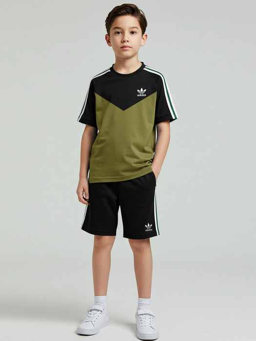 Ads Summer T Shirt & Short Suit For Kids-Light Olive with Black & White, Green Stripe-BE3294/BR15732