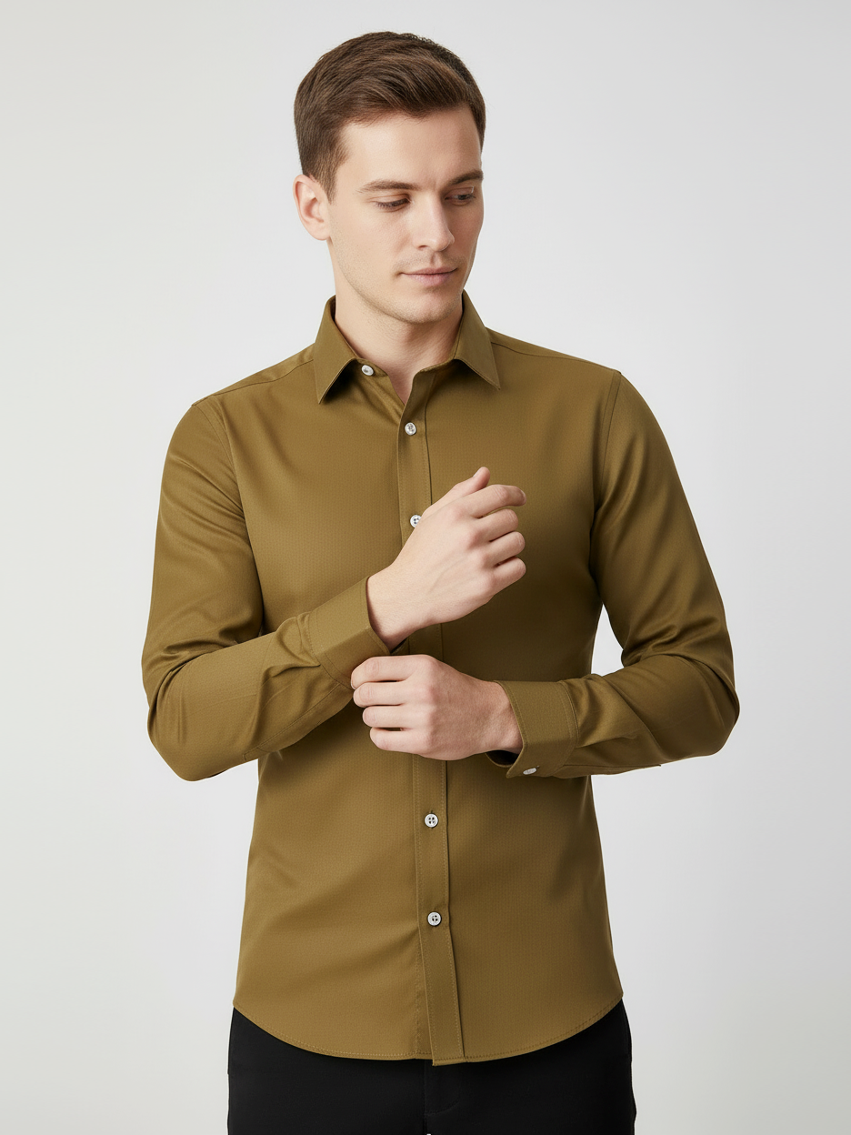 Rawgear Stretchy Slim Fit Long Sleeve Casual Shirt For Men-Khaki-RG02