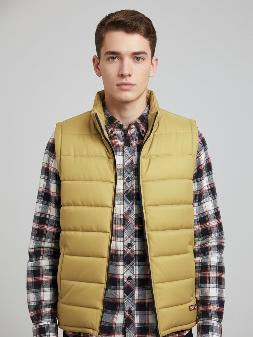 Stylish Winter Sleeveless Zipper Mockneck Jacket For Men-Biscuit Gold-BRPH35