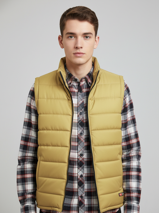 Stylish Winter Sleeveless Zipper Mockneck Jacket For Men-Biscuit Gold-BRPH35