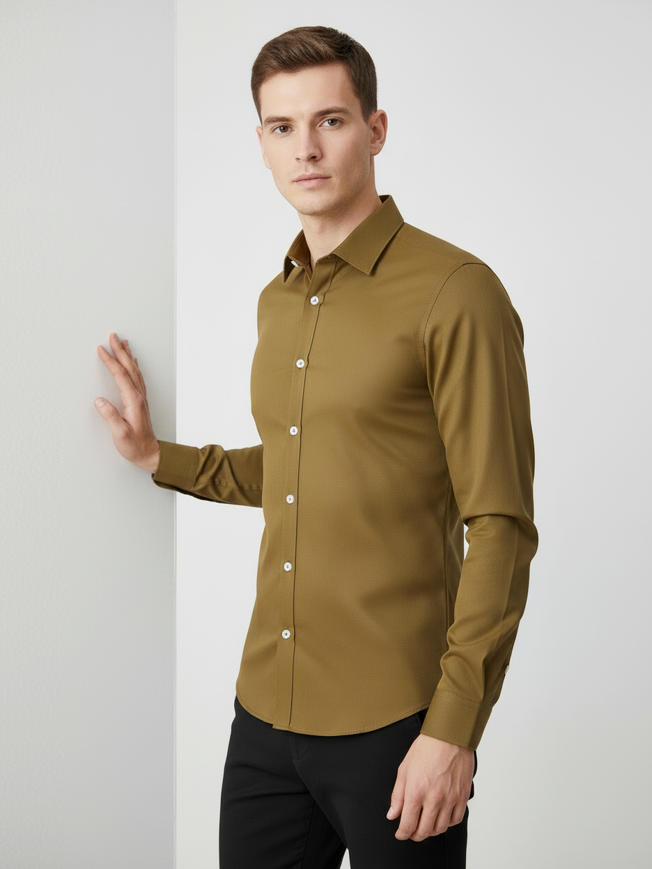 Rawgear Stretchy Slim Fit Long Sleeve Casual Shirt For Men-Khaki-RG02