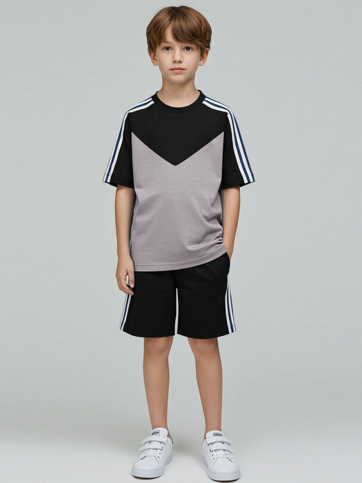 Summer T Shirt & Short Suit For Kids-Chalk Grey & Black with White,Navy Stripe-BE3310/BR15748