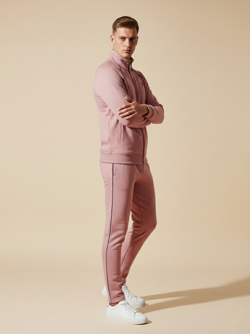 Louis Vicaci Fleece Zipper Tracksuit For Men-Light Pink Melange-LVTS01