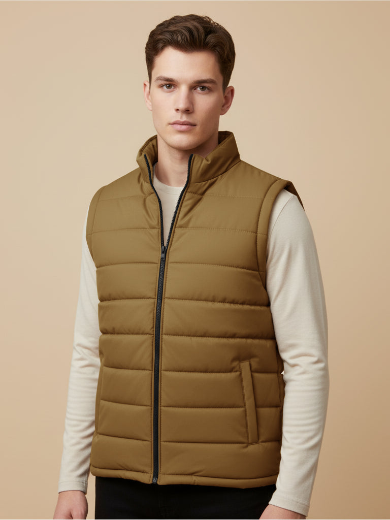Stylish Puffer Sleeveless Zipper Mockneck Jacket For Men-Light Brown-BRPH24