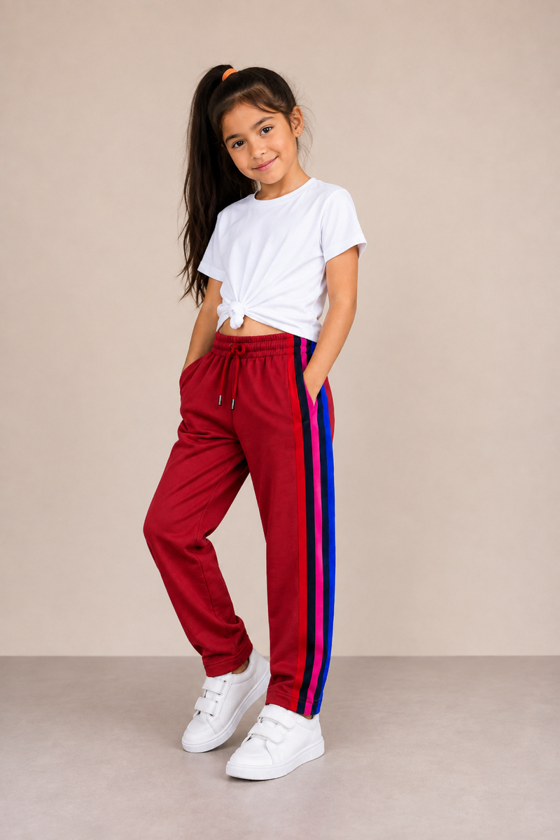 Premium Kids Lycra Trousers Dark red with Royal Blue ,Red,pink,Side panal Stripe p8