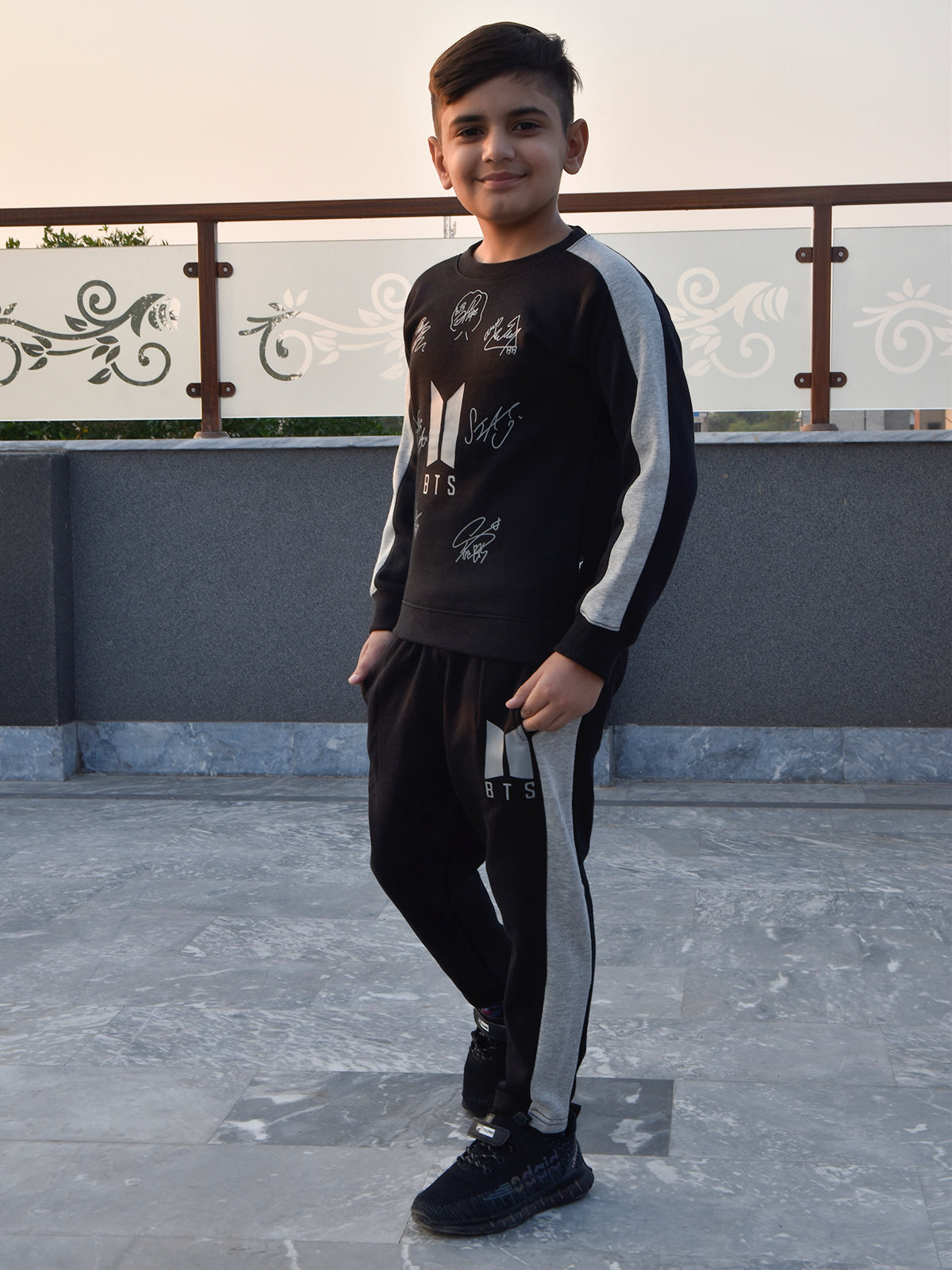 Louis Vicaci Fleece Tracksuit For Kids-Black with Grey-BR868