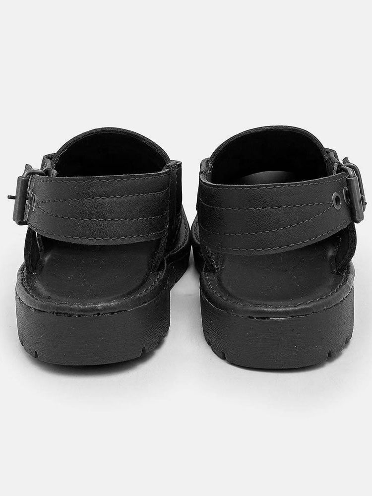 Men's Double Stitch Design Peshawari Chappal-Black-BR13406