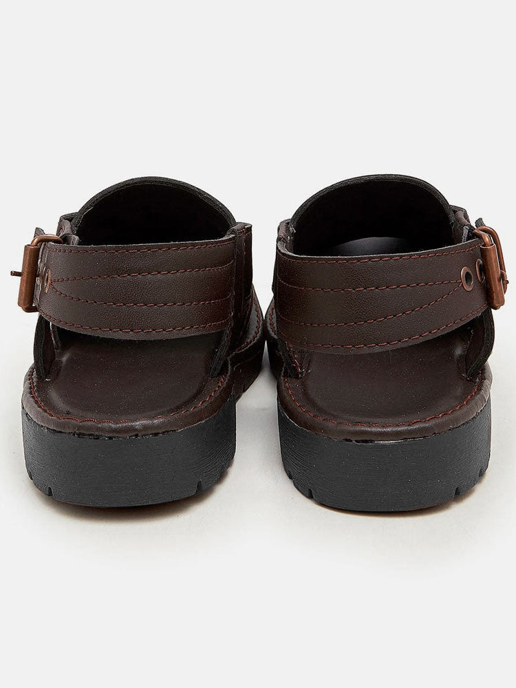 Men's Double Stitch Design Peshawari Chappal-Dark Brown-BR13407