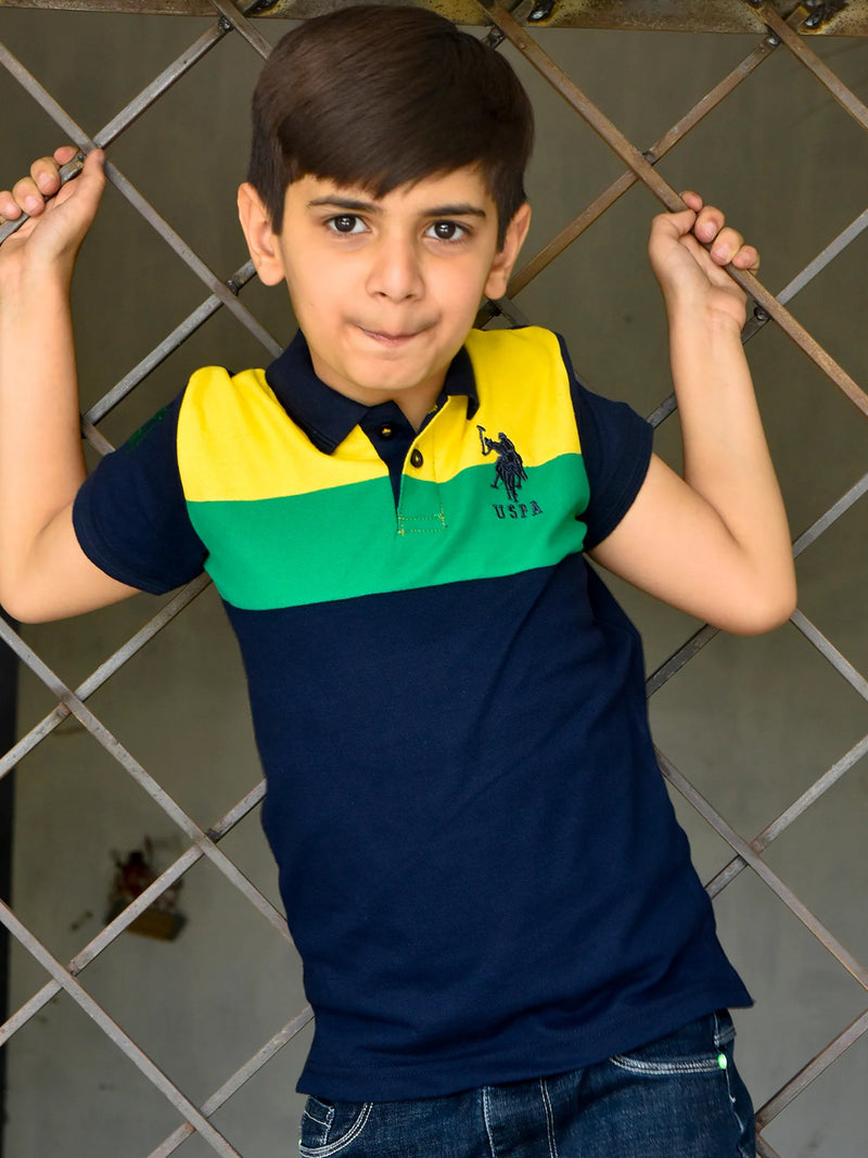USPA Half Sleeve P.Q Polo Shirt For Kids-Dark Navy & Yellow-RT1974