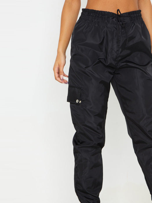 Cuffed Hem Shell Side Pockets Jogger Trouser For Ladies-Black-RT2589